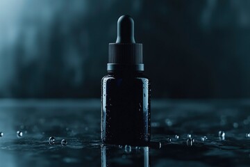 Dark serum bottle with dropper on marble background. Cosmetic product concept