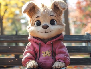 Adorable Puppy Wearing Pink Hoodie Sits on Bench