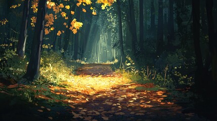 Obraz premium Enchanted Forest Path with Golden Leaves and Sunlight Beams in a Tranquil Autumn Landscape