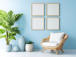 Light blue wall with four frames and a wicker chair surrounded by plants and vases in a room