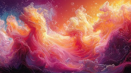 Fototapeta premium Vibrant abstract waves of color resembling a sunset over an ocean with bubbles in the scene