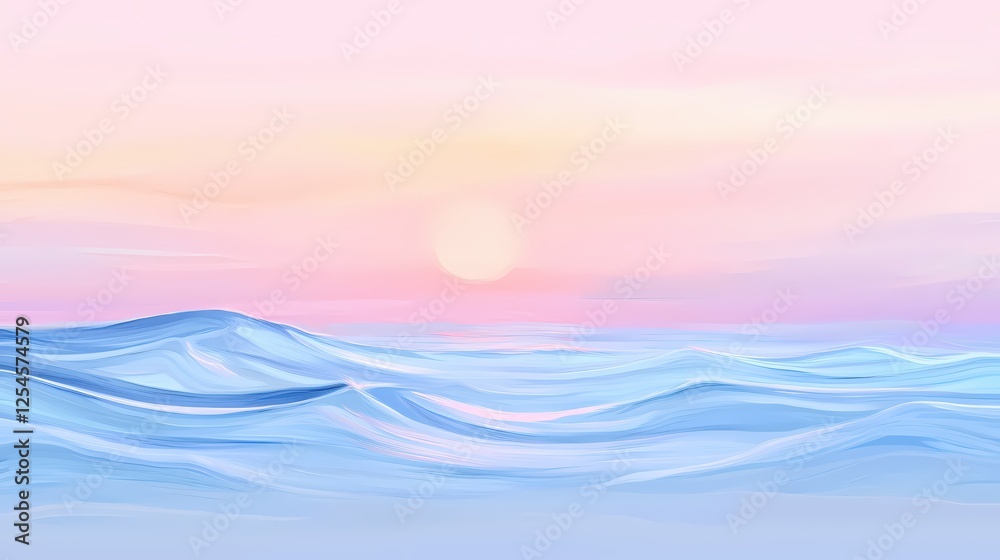 Poster serene ocean view at sunset with gentle waves and soft pastel colors in a dreamy style