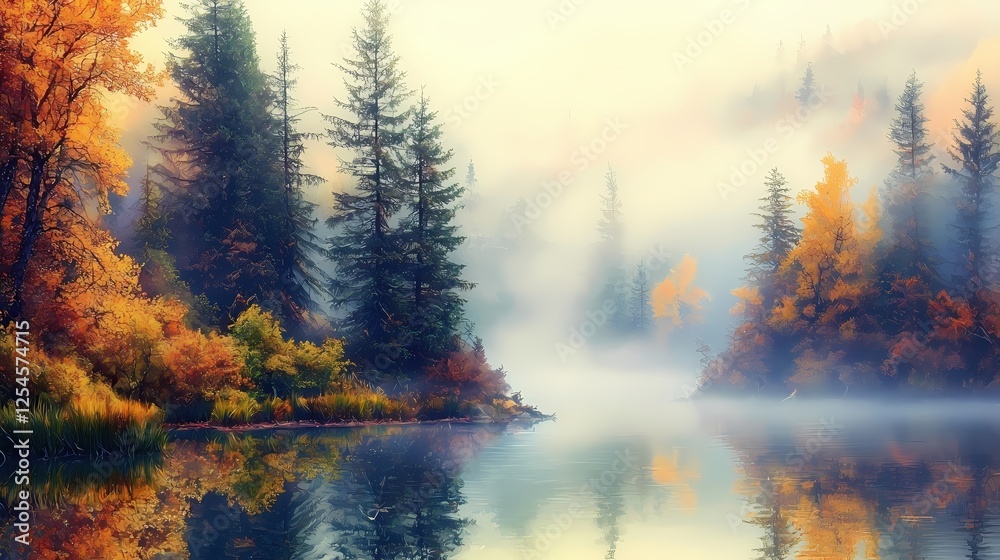Aufkleber serene autumnal reflection calm lake scene with golden trees and mist in a peaceful forest