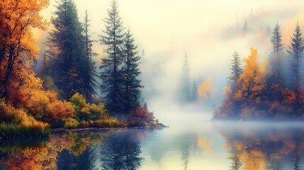 Naklejka premium Serene Autumnal Reflection Calm Lake Scene with Golden Trees and Mist in a Peaceful Forest