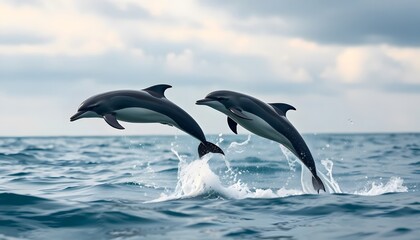 Obraz premium Two Dolphins Jumping Out of the Water in Open Ocean Scene