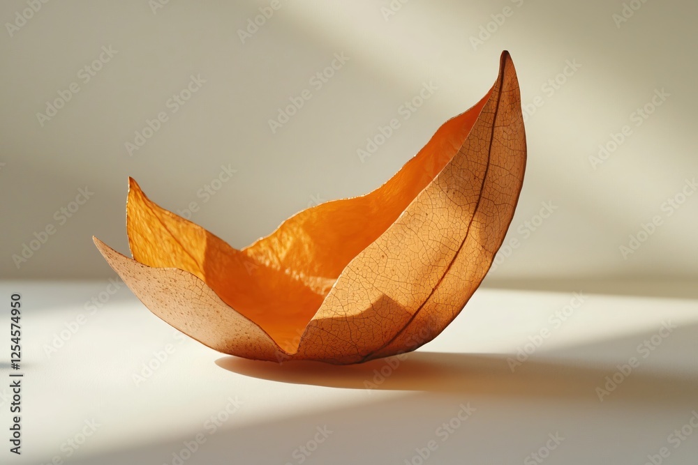 Poster autumnal still life of a single dry leaf illuminated by soft light casting gentle shadows
