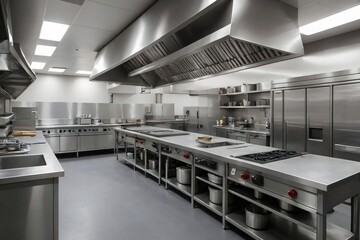 Commercial kitchen interior, oven, exhaust, sinks, stainless steel, Ai created