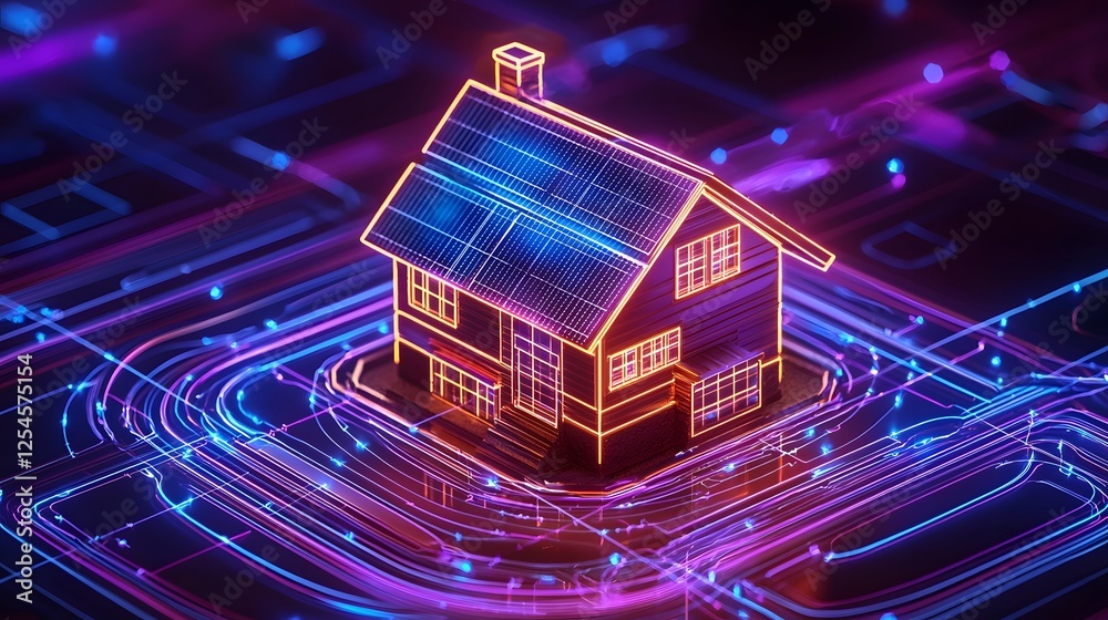 Poster Futuristic smart home with glowing neon solar panels visualizing clean energy production and dynamic light trails representing electricity transfer in a dark high tech setting