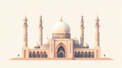 A simple, stylized illustration of Madinah's mosque, isolated on a white background with soft colors