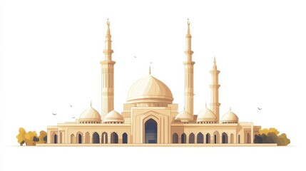 A simple, stylized illustration of Madinah's mosque, isolated on a white background with soft colors