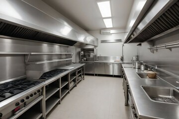 Commercial kitchen interior, oven, exhaust, sinks, stainless steel, Ai created