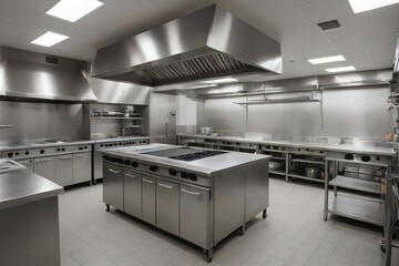 Commercial kitchen interior, oven, exhaust, sinks, stainless steel, Ai created