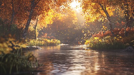 Obraz premium Serene autumn river landscape with golden foliage and sunlight creating a peaceful ambiance