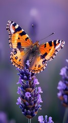 Vibrant butterfly perched on lavender flowers in a serene garden setting, showcasing nature's beauty