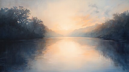 Fototapeta premium Serene river landscape painting with soft light reflecting on water and distant trees