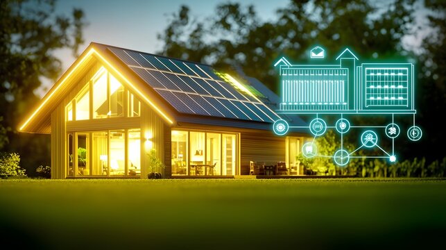 Illuminated modern house with solar panels surrounded by high tech energy efficiency symbols and a futuristic green themed background showcasing sustainable technology and design for a clean
