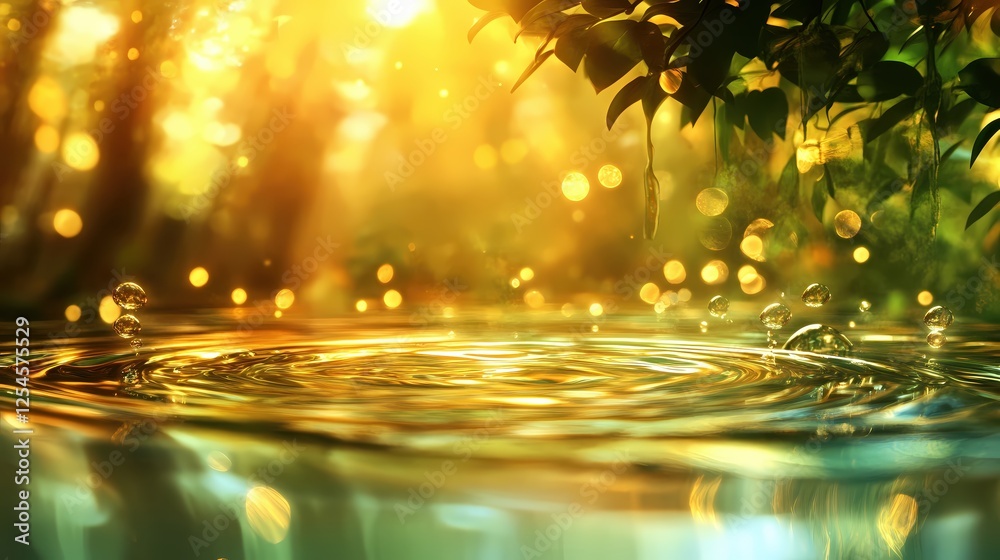 Poster golden water surface with ripples and bubbles under sunlight foliage and bokeh background