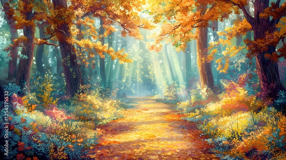 Poster Enchanting autumn forest path with radiant sunlight filtering through colorful foliage trees