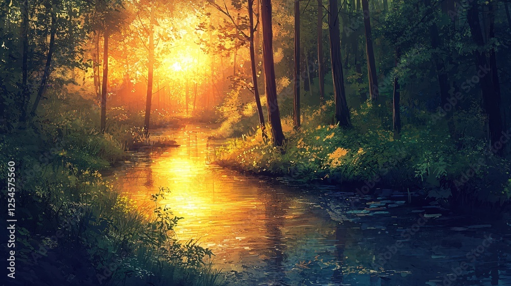 Poster golden sunlight shines through forest trees reflecting on calm river creating a serene scene