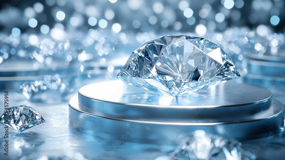 Poster exquisite diamond centerpiece on a shiny platform with sparkling bokeh background luxury concept