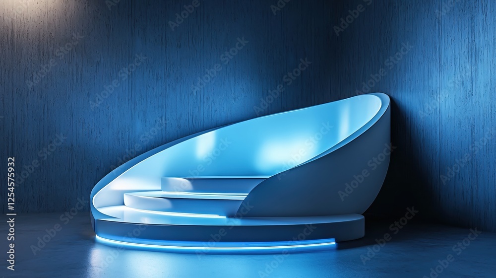 Poster modern minimalist stage with neon blue lighting for product display and presentation space