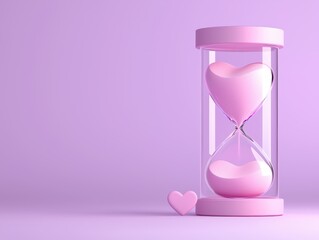 A pink hourglass with heart-shaped sand symbolizes love and the passage of time in a serene setting.