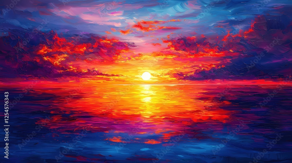 Poster Vibrant Sunset Over Calm Ocean with Fiery Clouds and Reflections in an Impressionistic Style