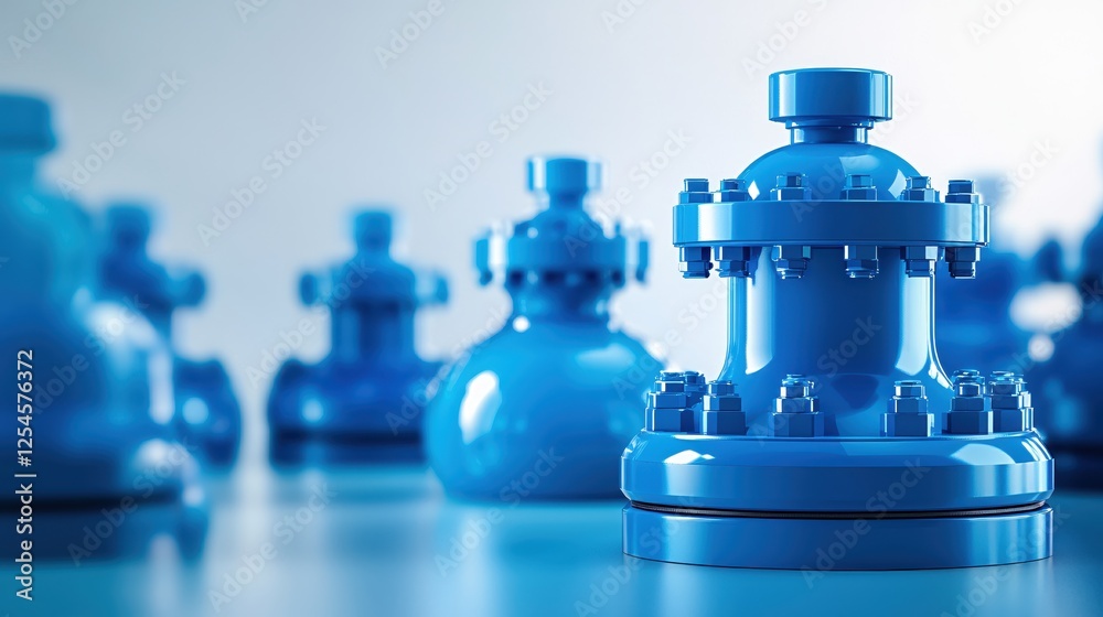 Aufkleber blue industrial valves and flanges in a clean studio setting with soft lighting and depth