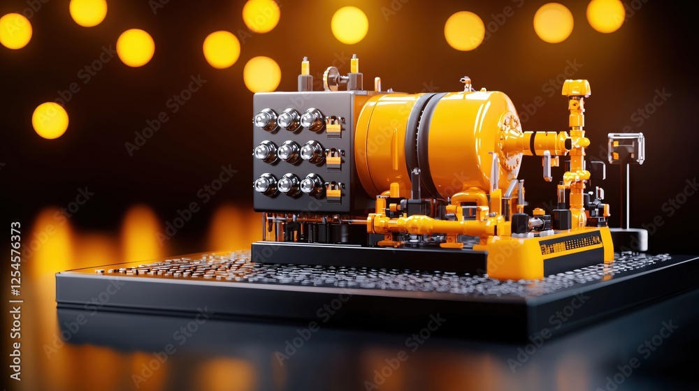 Aufkleber complex machine in orange and black tones with bokeh lights background industrial design