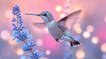 Fototapeta premium Hummingbird hovering near lavender flowers with a soft bokeh background in a serene garden
