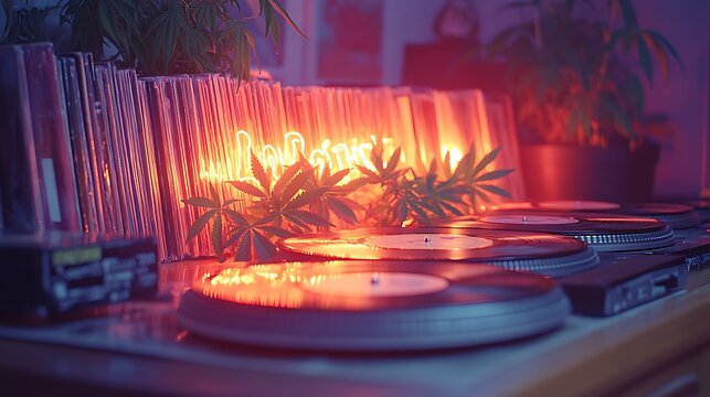 A retro themed record wall with cannabis leaves arranged between vinyl albums under soft ambient lighting