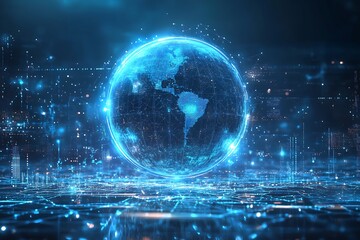 Fototapeta premium A dynamic cyber world with floating geometric shapes and glowing digital particles moving seamlessly between 2D and 3D planes