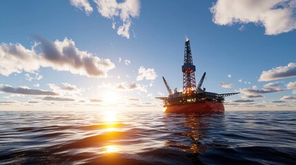 Fototapeta premium Offshore oil rig at sunset with blue sky and clouds reflecting on the ocean surface
