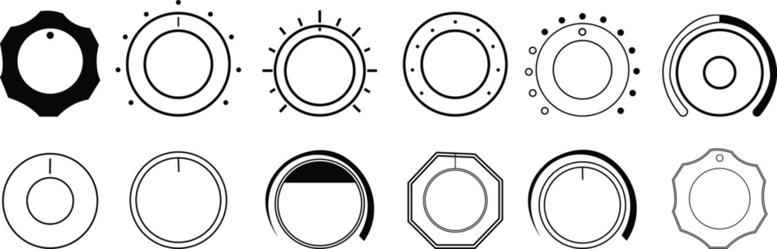 Round scale and controller volume level knob icon set, analogue knobs level control isolated on transparent background regulator, controller, adjustor, damper, rotating, turning, turn on off, rotative