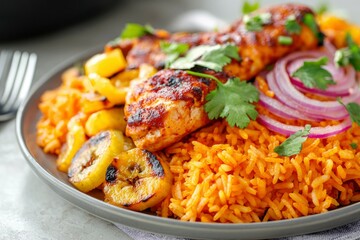 Jollof Rice dish, chicken, plantain, onion served for lunch at a restaurant