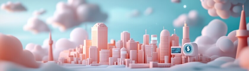 Obraz premium A vibrant city skyline featuring stylized buildings amidst fluffy clouds and a blue sky, evoking a whimsical, dreamlike atmosphere.