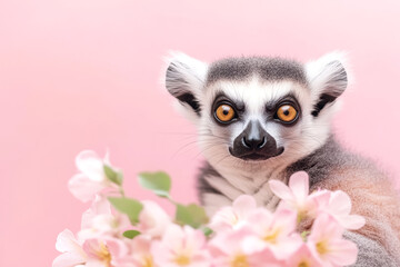 Obraz premium Captivating lemur with striking eyes surrounded by soft pink blossoms tranquil wildlife portrait