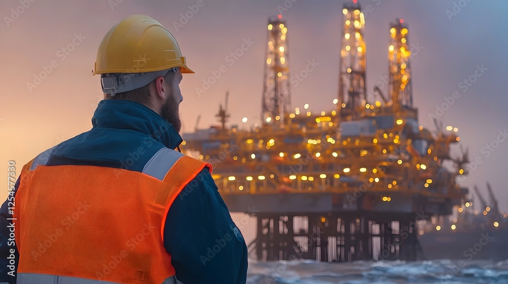 Poster team of oil rig workers actively monitoring drilling processes on a high tech offshore platform glow