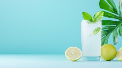 Refreshing lime drink, summer, blue background, leaves