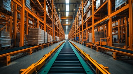 A vast warehouse interior with vibrant orange shelves and conveyor belt systems.