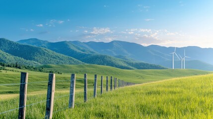 Fototapeta premium Scenic landscape featuring wind turbines silhouetted against a vibrant sunset sky surrounded by lush green fields and rolling hills in the distance