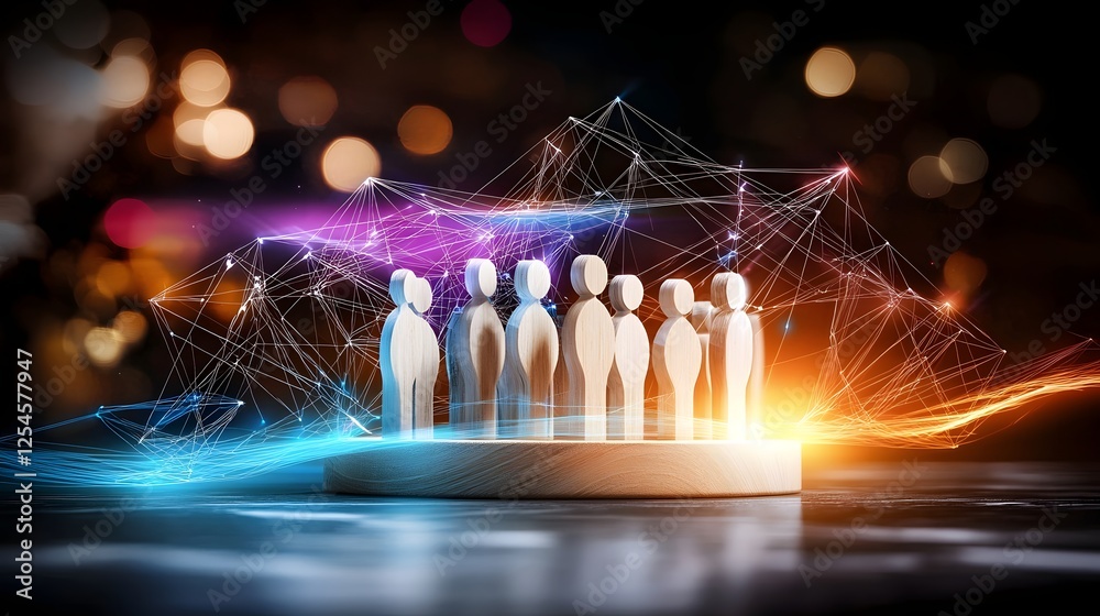 Poster Double exposure of glowing wooden figures interconnected by a radiant network symbolizing unity and global energy lines flowing between them
