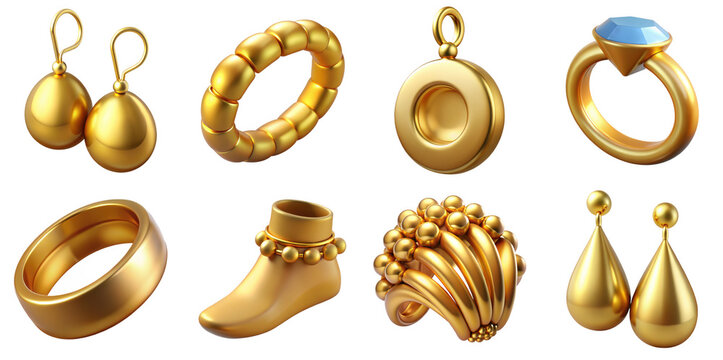 PNG 3d collection of jewelry, in cartoon style minimal on transparent background, isolate
