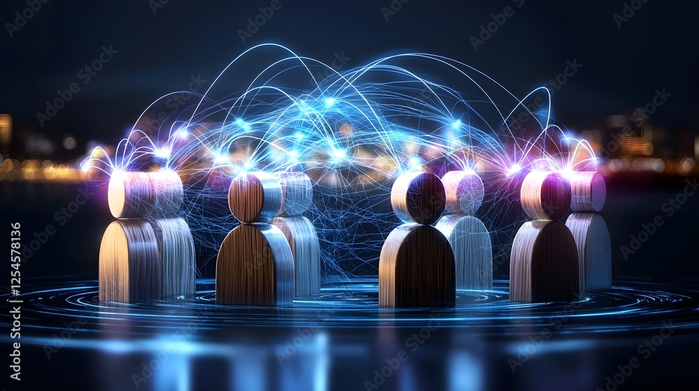Aufkleber Illuminated wooden figures emitting soft light connected by a futuristic web of glowing lines symbolizing teamwork progress and innovation in an abstract digital backdrop with dynamic energy waves