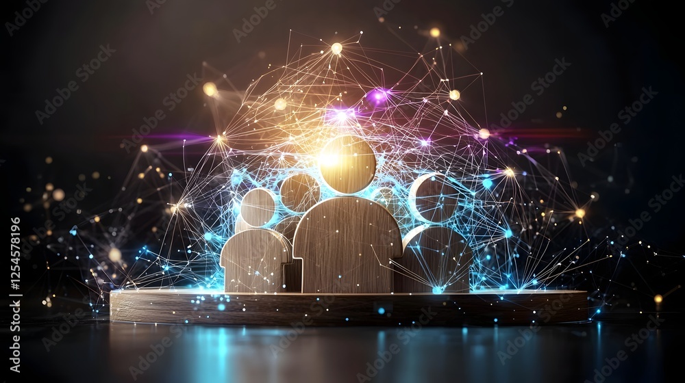 Leinwandbilder abstract digital artwork depicting glowing wooden figures connected by electric blue and golden ener