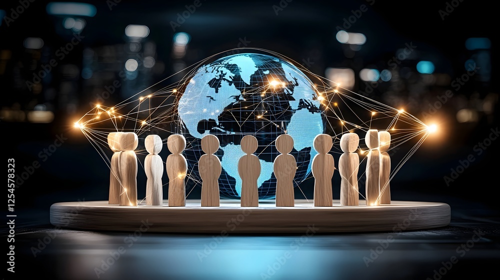 Leinwandbilder wooden figures standing together on a smooth platform surrounded by a glowing digital globe with int
