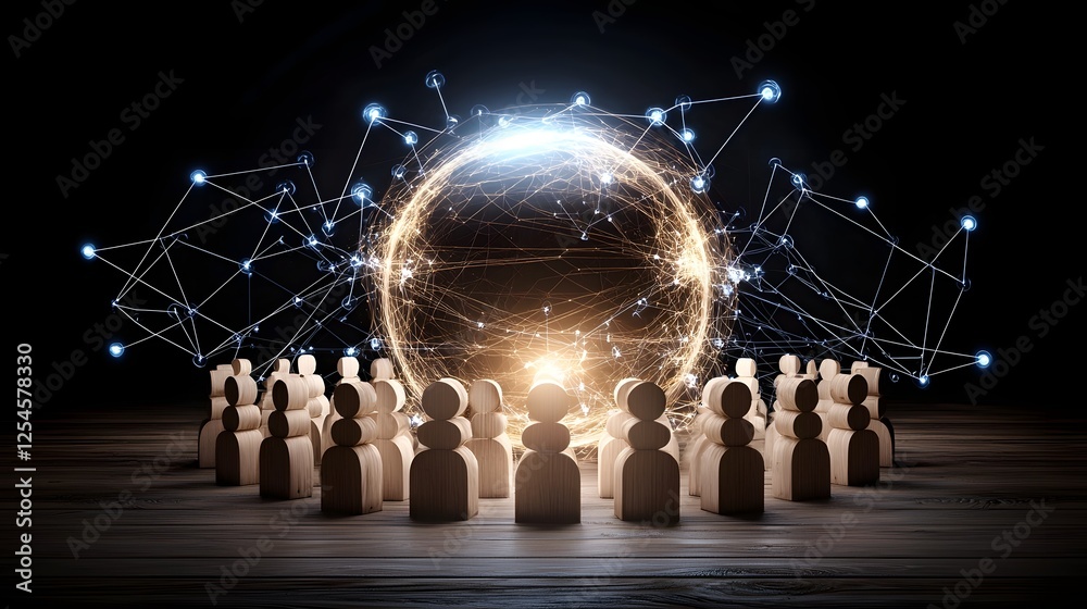 Aufkleber conceptual digital artwork featuring wooden figurines on a wooden floor enveloped by a glowing ether