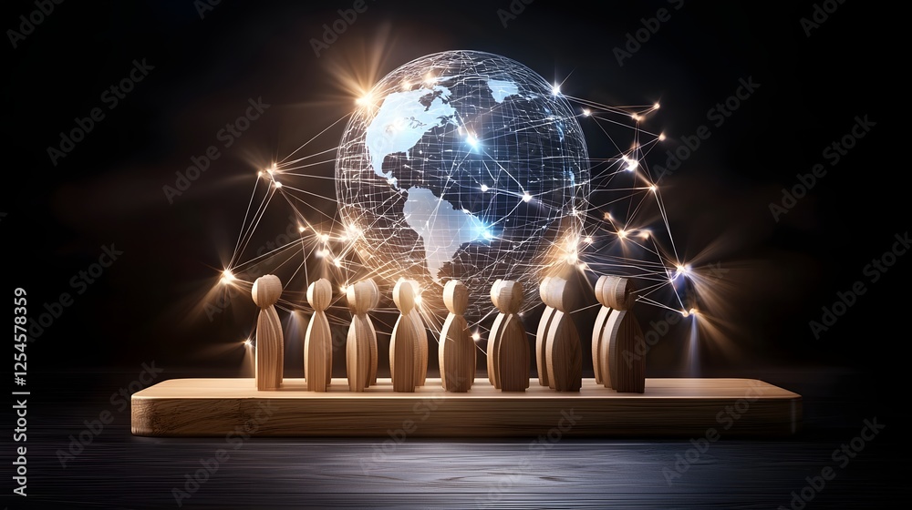 Poster wooden figures gathered on a wooden board with a glowing planetary sphere above them and an intricat