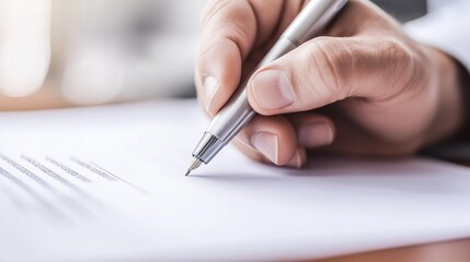 A businessman signing an official document, symbolizing agreements, contracts, and professional commitments in a corporate setting.