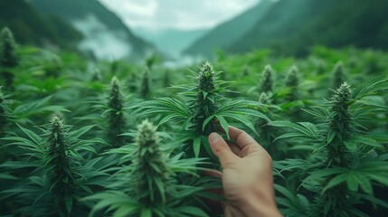 A hand flipping through a crate of vinyl records with cannabis leaves subtly placed between album covers